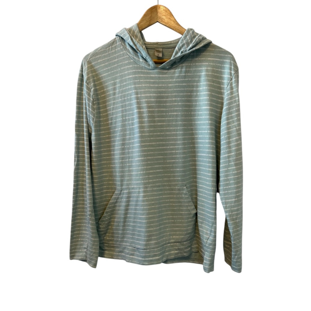 White & Teal Striped Hooded Long Sleeve Lightweight Casual Pullover Sweatshirt M